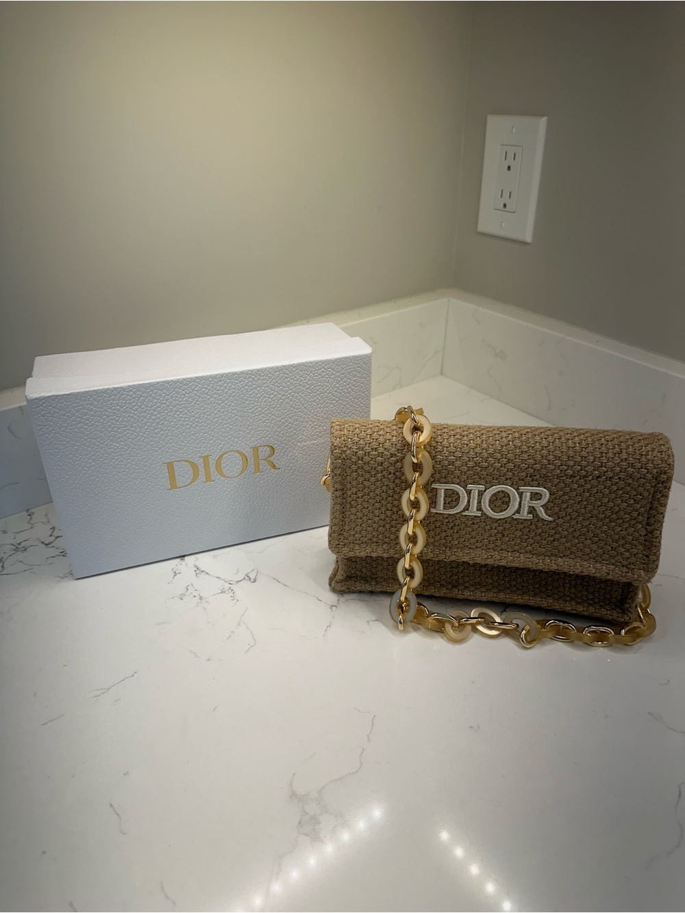 Dior (gift with purchase) Beige Raffia Shoulder Bag with Gold Chain